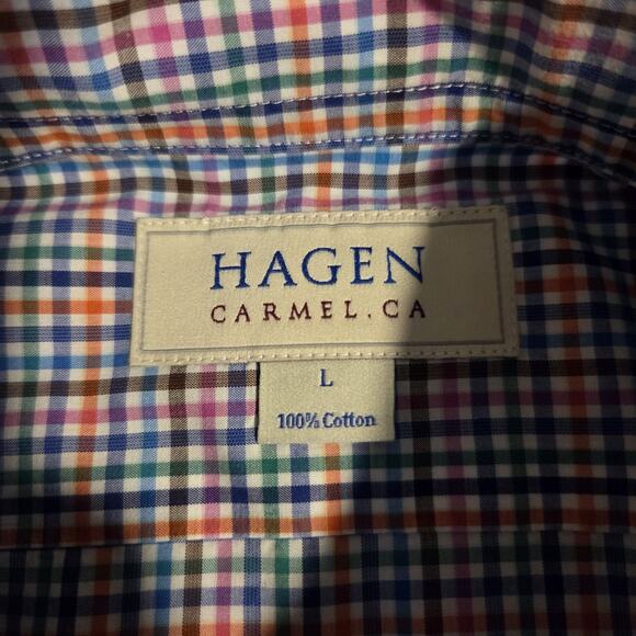 HAGEN Button Sport Shirt CARMEL FIT Men's LARGE L Plaid Check Cotton Multicolor - Picture 2 of 8